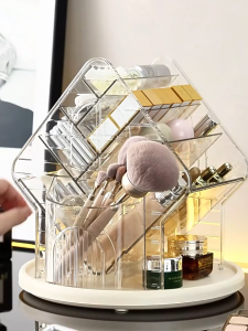 Multi-Layer Rotating Cosmetic Storage Rack Transparent Vanity Organizer with Jewelry Hooks