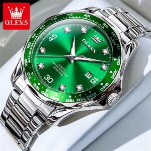 OLEVS Golden Green Quartz Watch for Men Luxury Brand Diving Waterproof Stainless steel Rubber Strap Mens Watches Original 9988