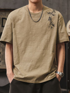 Versatile Bamboo Leaf Embroidery Cotton T-Shirt