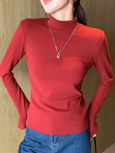 MiiOW | Áo sơ mi dài tay lót lông cừu cổ cao thời trang thu đông mới dành cho nữ màu đỏ may đo thoải mái thường ngày