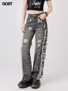 GOST Distressed Denim Jeans with Letter Print All-season Womens Premium Quality High Content Cotton Vintage Style