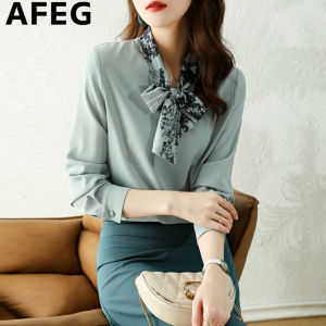 AFEG Korean V-neck printed bow fashion loose temperament chiffon long-sleeved blouse