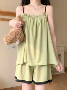 ชุดนอนผ้าไหมน้ำแข็งสำหรับผู้หญิง ชุดนอนฤดูร้อน 2025 ชุดสองชิ้น ชุดนอนสำหรับใส่ไปข้างนอก ชุดนอนผ้าไหมน้ำแข็ง ชุดนอนผ้าไหมน้ำแข็ง