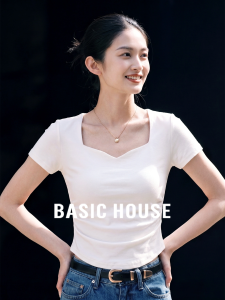 Basic House | White Cotton Heart Printed Square Collar Short Sleeve T Shirt