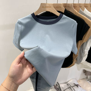 เสื้อยืดคอกลมแขนสั้นทรงสลิมฟิตสำหรับผู้หญิง ฤดูร้อน 2024 เสื้อเชิ้ตคอตตอนผสมโพลีเอสเตอร์แบบลำลองสำหรับใส่ทำงาน