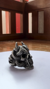 Pewterland Ringskull Evil Snake Cincin Tengkorak 3D Bahan Logam Timah Pria dan Wanita