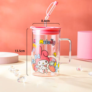 For Sanrio 600ML Straw Glass Cups Cartoon Hello Kitty Water Cup with Scale&Handle Kuromi Transparent Coffee Mug Home Drinkware