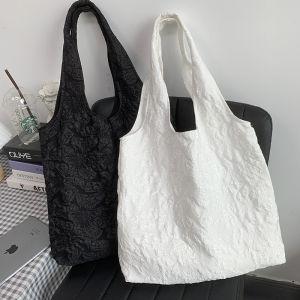 Embossed Flower Original Japanese Style Ins Ruffle Black and White Large Capacity Versatile Shoulder Canvas Bag Schoolbag for Women