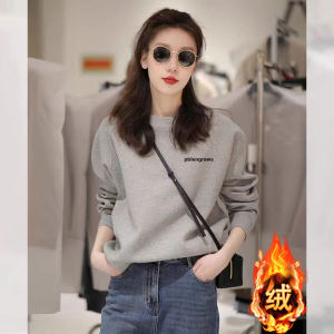 Korean Style Lazy Style round Neck Thickened Fleece Womens Sweatshirt Casual Loose Fit Organic Cotton Long Sleeve Printed Top