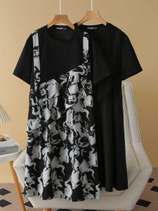 Fat Sister mm Slim Looking Dress Lively Younger Pattern Print Patchwork Fake Two-Piece Skirts Summer Clothing Plus Size Midi Skirt
