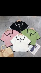 Áo Len Nữ Ngắn Tay Cổ Bẻ Phối Viền Đen Phong Cách Thời Trang hàn Quốc Siêu Xịn - LCXA176