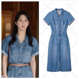 Capacity Kiss ฤดูร้อน พรางหุ่น เดนิม เดรส เดรสเชิ้ต แขนสั้น ความยาวปานกลาง ผ่าชาย สูง เอว ผ้าฝ้าย สไตล์การเดินทาง ปกโปโล ประเภท H