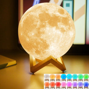 16 สี 3D พิมพ์โคมไฟดวงจันทร์ปลั๊ก USB LED Night Light พร้อมขาตั้งไม้รีโมทคอนโทรลปรับความสว่างตาราง