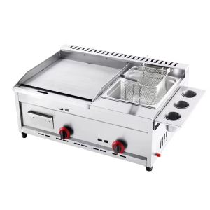 Stainless Steel Griddle Two-In-One Type Gas Burger Griddle with Deep Fryer Multi-Function Gas Griddle Teppanyaki Pan with Adjustable Temperature BBQ Grill French Fries Fry Pan Night Market Breakfast Shop Snack Street