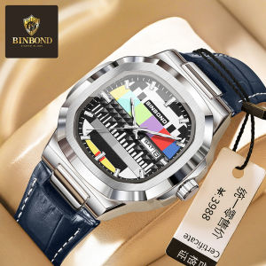 BINBOND นาฬิกาหนังแท้สำหรับกันน้ำผู้ชายการออกแบบที่ไม่เหมือนใครนาฬิกาลำลองปฏิทินแฟชั่นใหม่