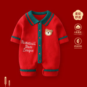 Autumn Winter Baby New Year Celebration Outfit Red Knitted Romper One Year Old Birthday Clothes Boys Girls Festive Celebration