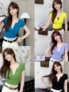 Kaka Womens Store Vitality Color Block Button V-neck Fake Two-Piece T-shirt Short Sleeve Womens Top Cotton Blend Summer