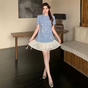Elegant Chinese Style Summer Outfit for Plus Size Women Bowknot and Print Two-Piece Set