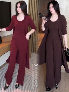 Fall New Fashion Knitted Three-Piece Set Womens Wide Leg Pants Cardigan Vest Casual Style Breathable Comfortable Polyester