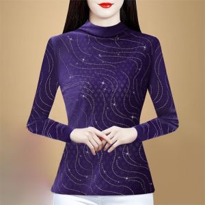 MAIMEI | Elegant Fleece Lined Mesh Diamond Embellished Half High Collar Slim Fit Ladies Top For Middle Aged Women Fashionable Autumn Winter