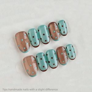 10pcs Handmade Brown Green Polka Dot cat eye Press on Nails Short oval Wearable Reusable Cute False Nails 2026