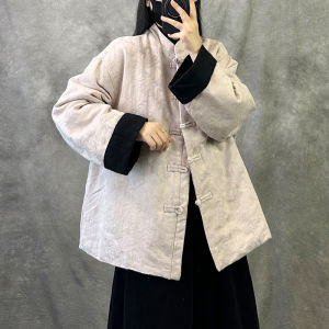 Original Retro Chinese Style Womens Cotton Jacket Loose Fit Warmth New Arrival 2024 Autumn Winter Short Sleeve round Neck