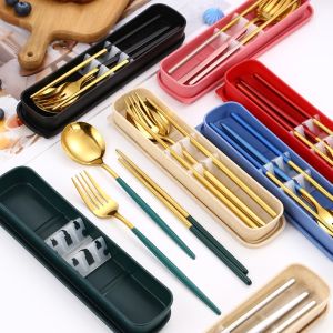 3pcs/set Cutlery With Box Holder Dinnerware Spoon Fork Chopsticks Set Travel Tableware Stainless Travel Cutlery Set Utensil Case