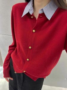 Red Knitted Polo Collar Sweater Fake Two-Piece Cardigan Versatile Base Layer Shirt Korean Style Long Sleeve Loose Fit Spring 2024