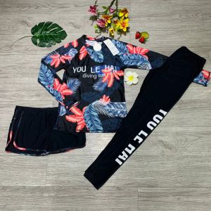 Bikini đồ bơi nữ 3 chi tiết áo tay dài quần dài quần đùi thun lạnh quảng châu cao cấp có đệm ngực BINSPORTS BHN040