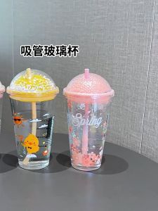 แก้วน้ำชานมการ์ตูนสร้างสรรค์พร้อมหลอดดูด แก้วน้ำ แก้วตวง แก้วกันน้ำร้อน ความจุขนาดใหญ่ 450 มล.