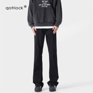 Retro American Blue Denim Jeans Mens Loose Cleanfit Tall Micro Flare Casual Long Trousers Autumn Trendy Brand QOTRIOCK