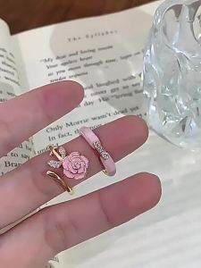C.three Camellia Open Ring Women High-end Exquisite Index Finger Ring Niche Enamel Ring