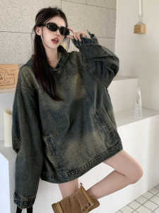 American Style Retro Hooded Denim Sweatshirt Jacket Women Spring Autumn New Versatile Casual Loose Coat Top