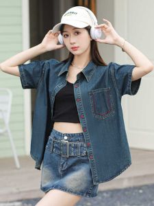 Retro Hong Kong Style Womens Loose Fit Short Sleeve Denim Shirt Breathable Comfortable Summer New Design Thin Cotton Blend Polo Collar