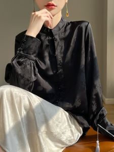 Elegant Retro Silk Shirt Womens Long Sleeve Floral Embroidery High-End Feel Spring Autumn Chinese Style Inner Wear Top