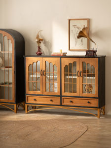 Wabi-Sabi Style Solid Wood Sideboard Tea Break Room Storage Cabinet Living Room Wall-Mounted Hallway Cabinet Glass Door Decorative Cabinet