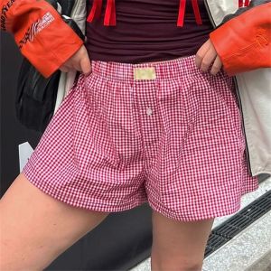Comfortable High Waist Loose Wide Leg Checkered Shorts Womens Street Style Casual Pants Summer 2024 High Waist Shorts