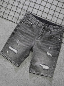 Summer Trendy Brand Mens Denim Shorts Five-Quarter Length with Patchwork Ripped Casual Versatile Mid-Waist Jeans Shorts