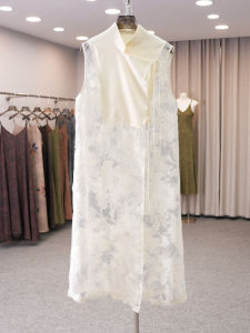 Chinese Style Thin Layered Woven Dress Womens French Elegant Slit Sleeveless Tank Dress Summer Season Midi Length U-Neckline