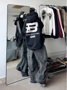 Retro American Streetwear Hoodie Mens Fleece Lined Long Sleeve Cotton Jacket Autumn Winter Heavyweight Casual Student Wear