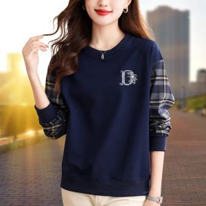 Pure Cotton Patchwork Sweatshirt Womens Spring Autumn Loose Casual Long Sleeve Short Style Base Shirt Top Korean Style round Neck