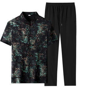 J&FO | Vintage Casual Iced Sense Mandarin Collar Short Sleeve Shirt Set