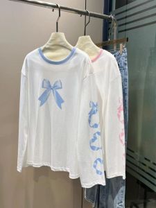 Butterfly Knot Printed Long Sleeve T-Shirt Womens Spring Summer New Style Casual Loose Fit Cotton Top White Color Trendy
