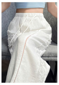 QIAONIAOGE | Black Lace Splicing Hollow Out Linen Wide Leg Pants Women Summer Cotton Linen Ice Silk Sun Protection Casual Floor Length Pants