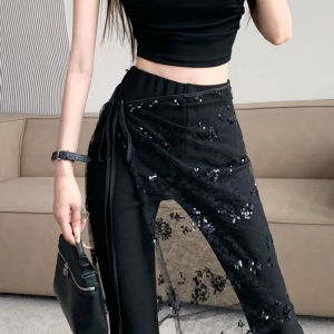 Black Weila Suit Pants for Women Spring & Fall Stylish Mesh Lace-up Foldable High-Waisted Trousers Drape Split Mop Pants
