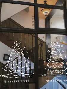 Adorable Christmas Tree Cartoon Line Decal Festive Window Door Wall Decor Creative Modern Simple Style PVC Material Home Decoration