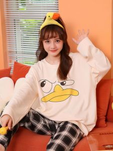 แขนยาว กางเกงขายาว ชุดนอน ชุดผู้หญิง ลำลอง เกาหลี การ์ตูน หวาน น่ารัก เสื้อผ้าใส่ในบ้านนอกบ้าน ฤดูใบไม้ผลิ ฤดูใบไม้ร่วง โพลีเอสเตอร์ คอกลม