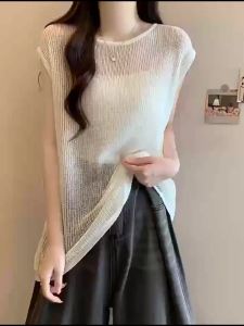 AIYITI | Summer Thin Hollow Out Vest Cover Up Knitted Ice Silk Loose Fitting Sleeveless Womens Plus Size Clothing Belly Cover Top