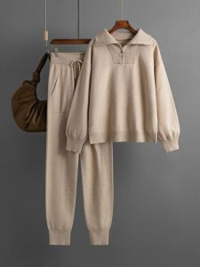 Autumn Winter Women‘s Knit Polo Collar Leisure Suit Elegant Two Piece Sweater Womens Outifits Loose Female Pullover Pant Sets