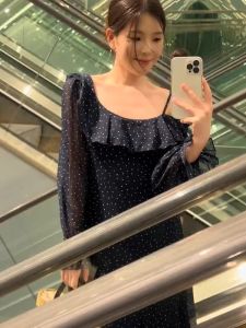 Elegant French Vintage Polka Dot off Shoulder Strap Dress Womens Summer New Arrival Asymmetrical Tea Break Long Dress